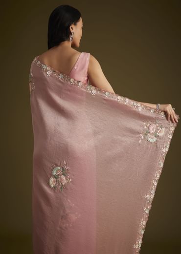 Pink Tissue Saree With Floral Embroidery