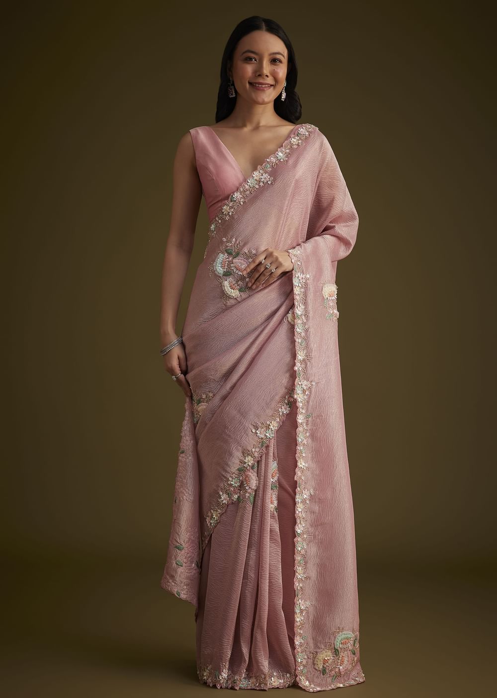 Pink Tissue Saree With Floral Embroidery