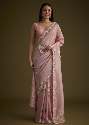 Pink Tissue Saree With Floral Embroidery