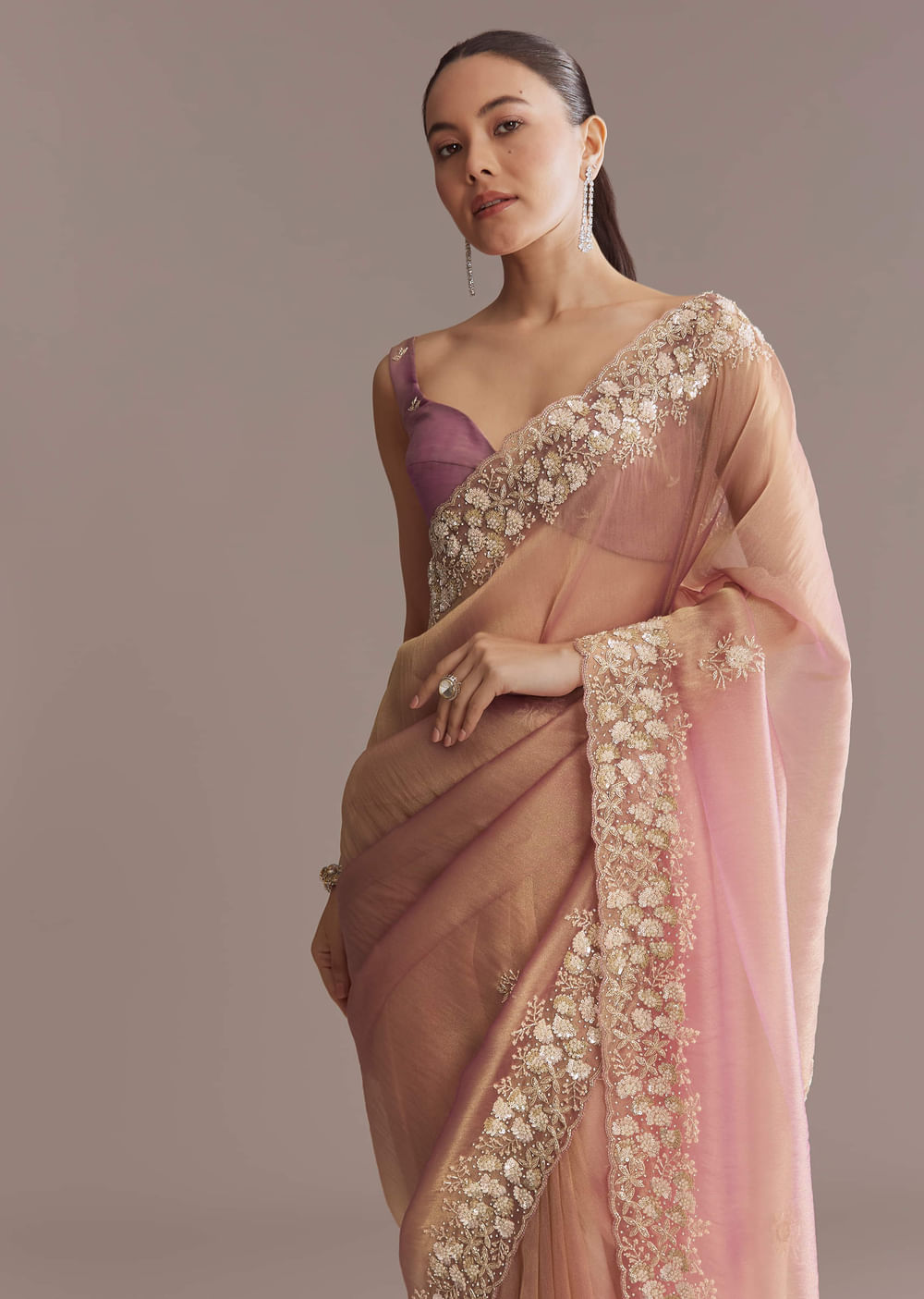 Pink Tissue Saree With Heavy Floral Embroidered Border