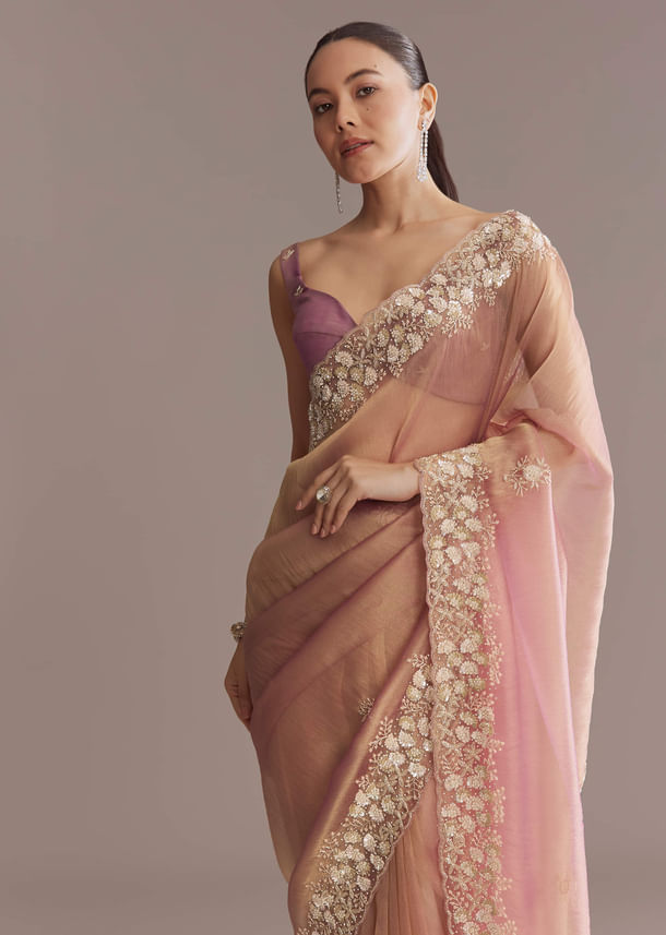 Pink Tissue Saree With Heavy Floral Embroidered Border
