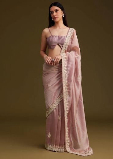 Pink Tissue Saree With Mirror And Sequins Embroidery