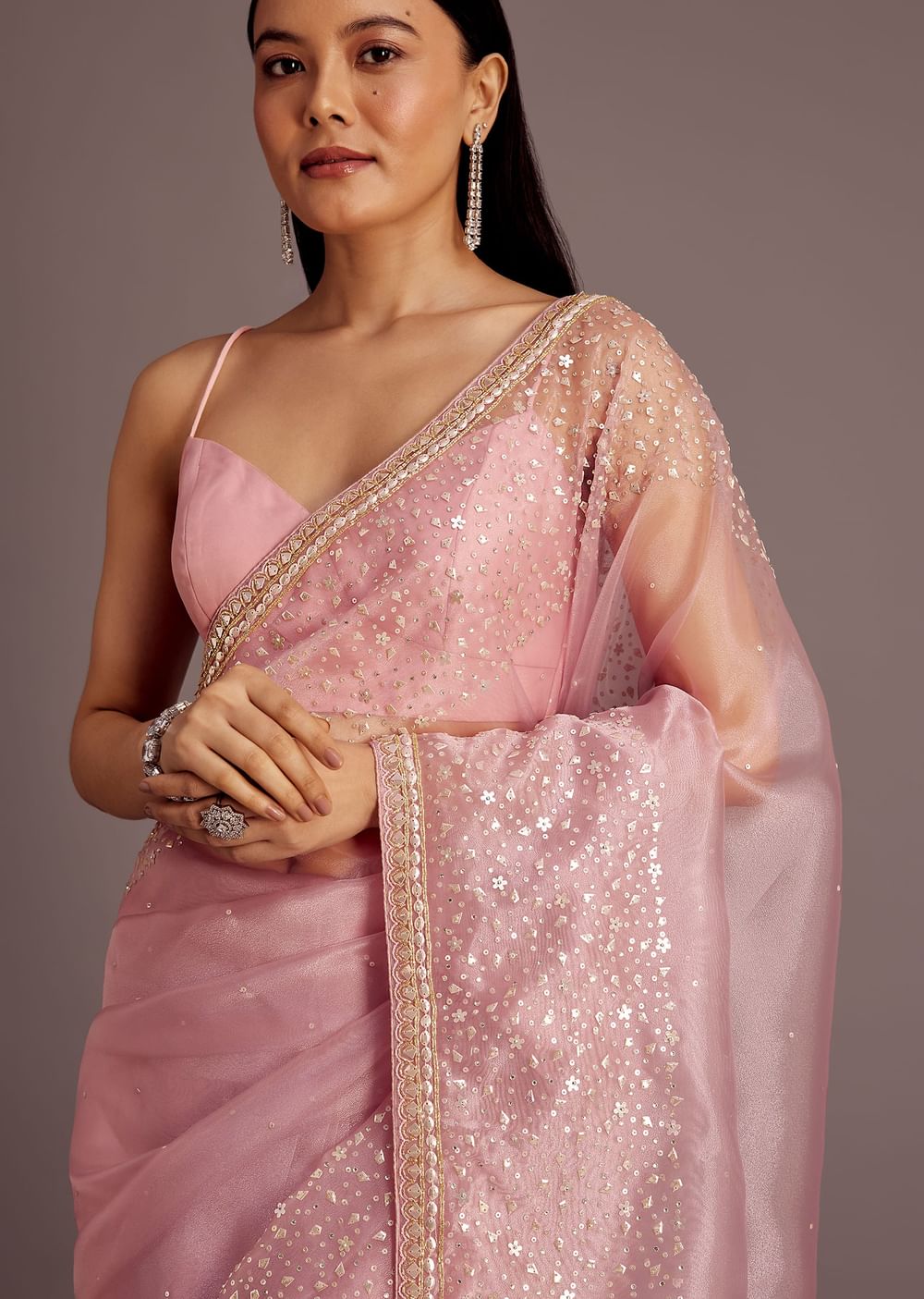 Pink Tissue Saree With Sequins Embellished Border