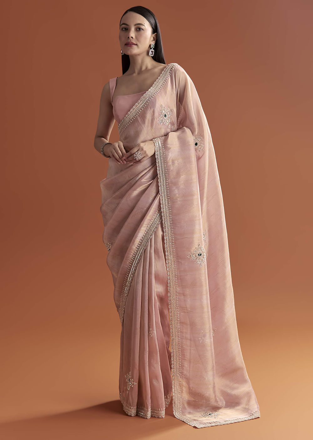 Pink Tissue Saree With Zardosi And Stone Embroidery