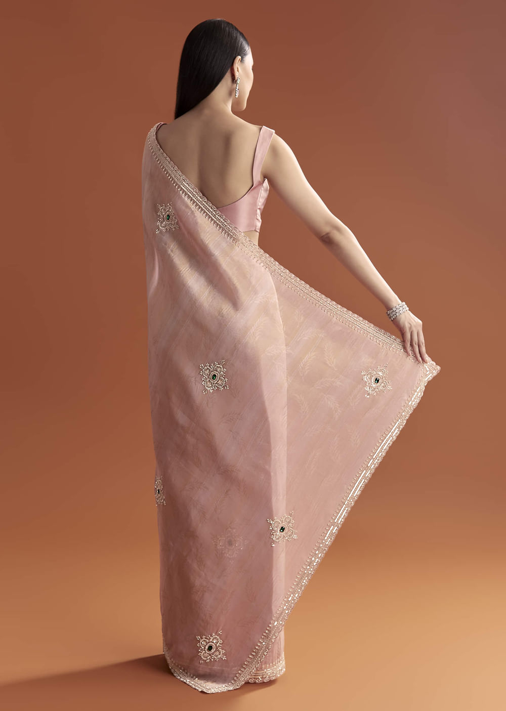 Pink Tissue Saree With Zardosi And Stone Embroidery