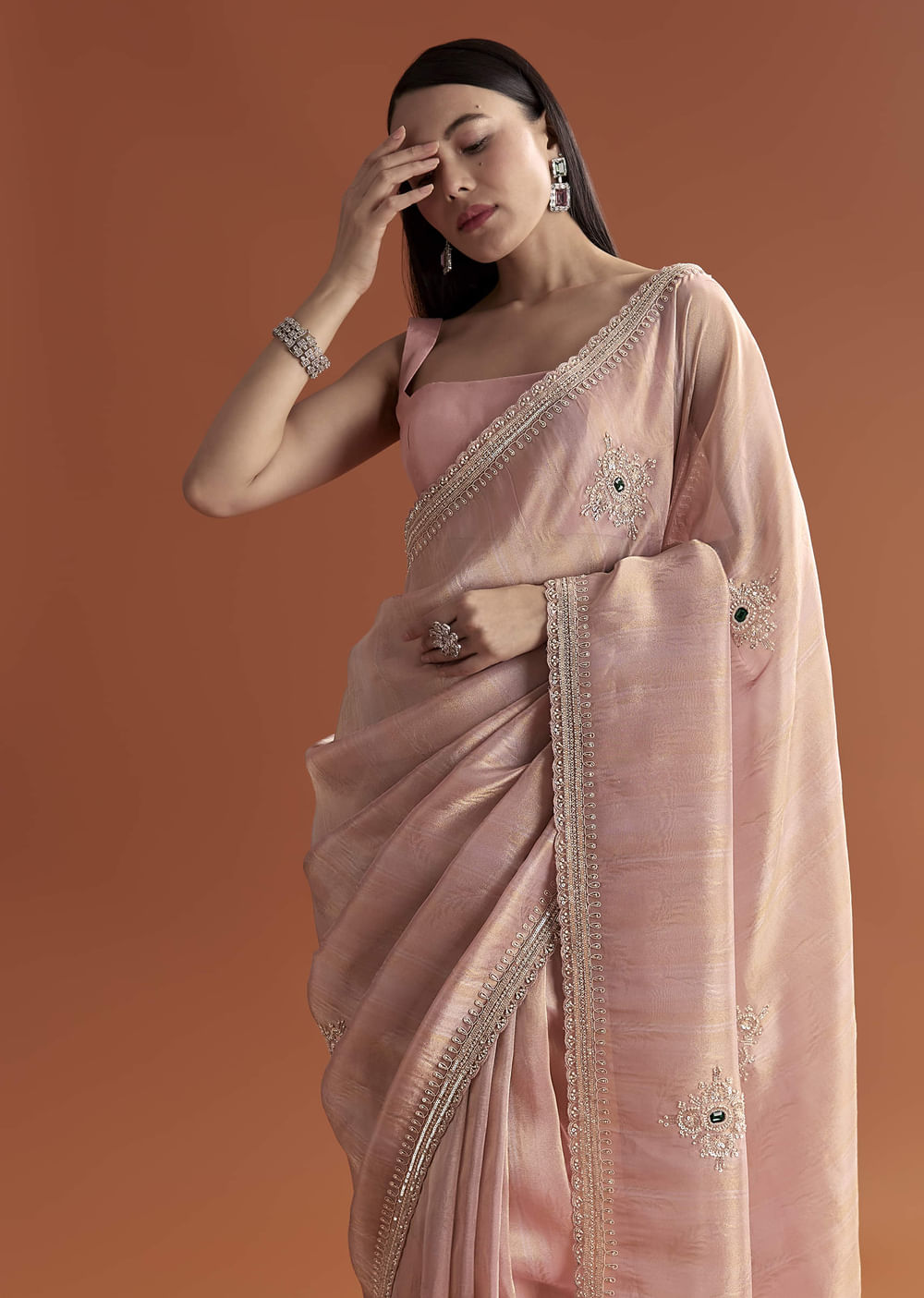 Pink Tissue Saree With Zardosi And Stone Embroidery