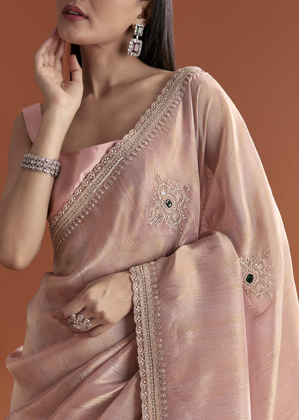 Pink Tissue Saree With Zardosi And Stone Embroidery