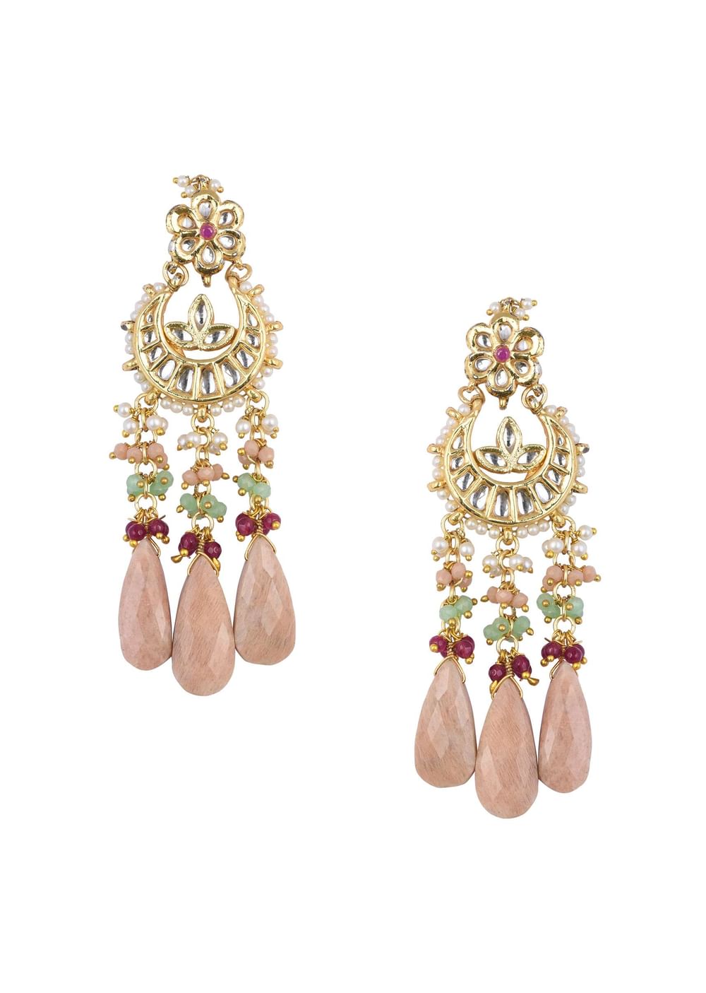 Pink Tone Crescent Moon Kundan Danglers With Stone Drops