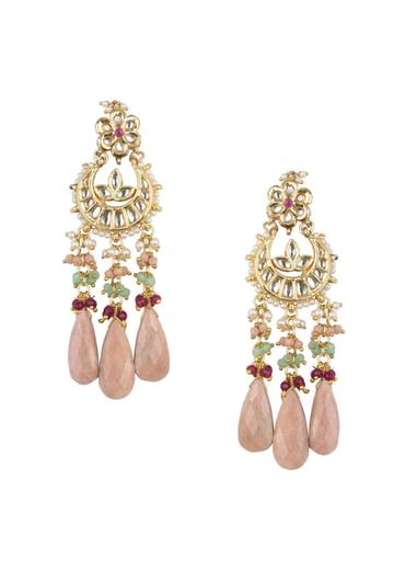 Pink Tone Crescent Moon Kundan Danglers With Stone Drops