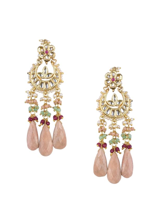 Pink Tone Crescent Moon Kundan Danglers With Stone Drops Pink Tone Crescent Moon Kundan Danglers With Stone Drops