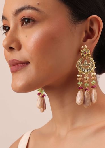 Pink Tone Crescent Moon Kundan Danglers With Stone Drops