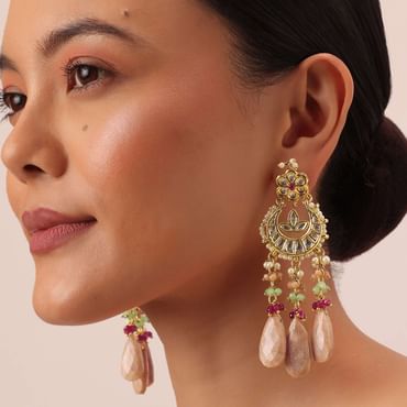 Pink Tone Crescent Moon Kundan Danglers With Stone Drops