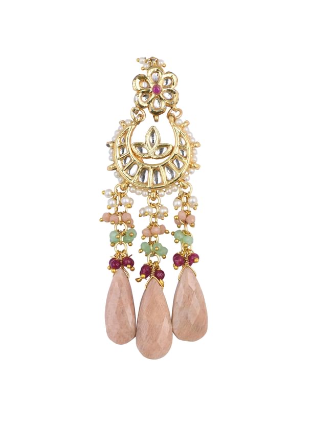 Pink Tone Crescent Moon Kundan Danglers With Stone Drops Pink Tone Crescent Moon Kundan Danglers With Stone Drops