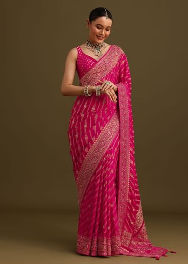 Pink Zardosi Embroidered Saree With Cutdana And Stone Work