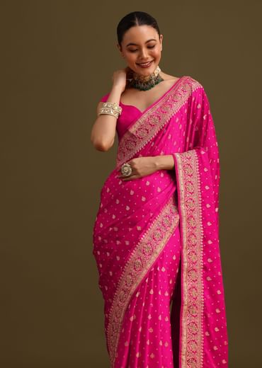 Rani Pink Zardosi Embroidered Saree With Unstitched Blouse