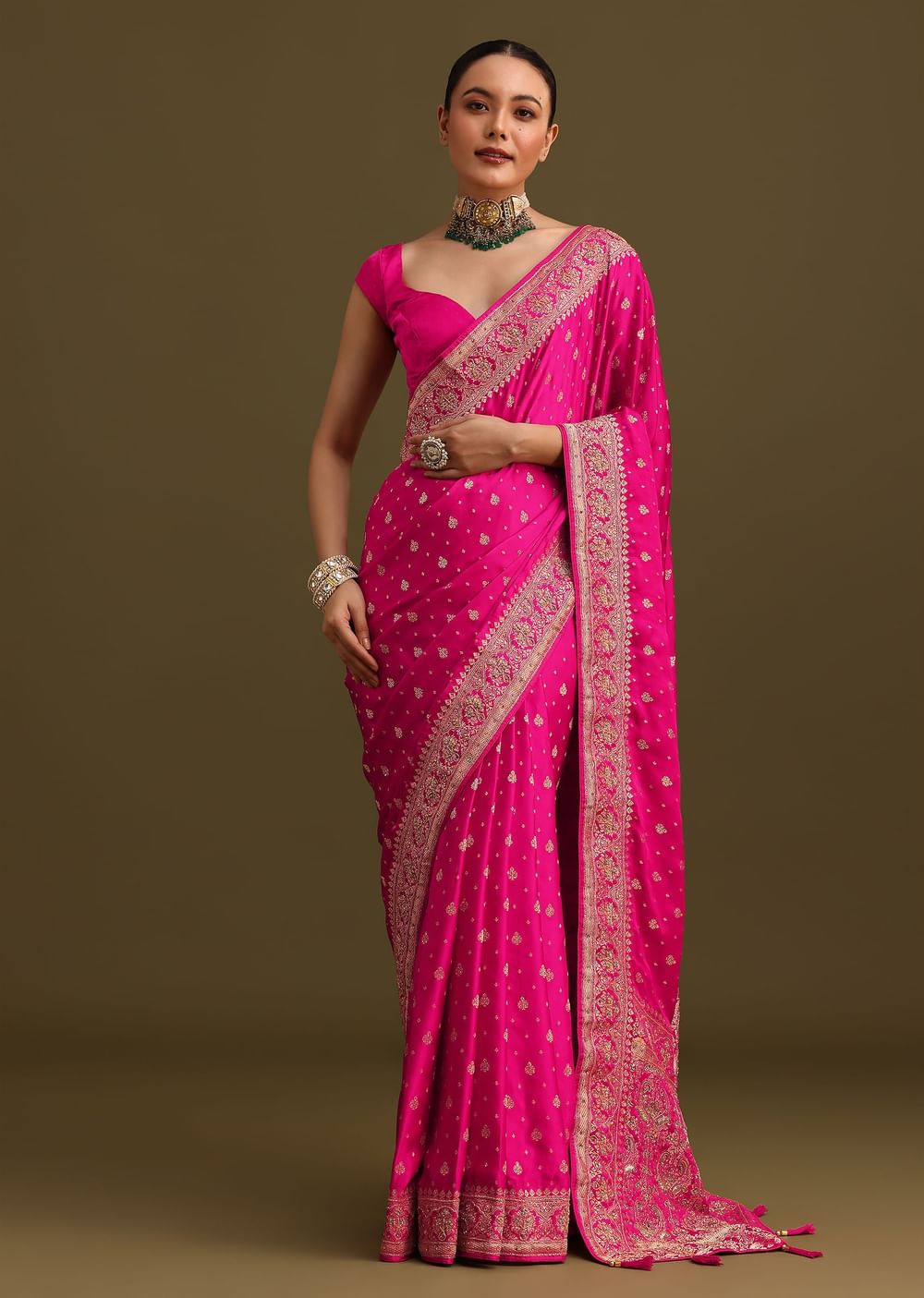 Rani Pink Zardosi Embroidered Saree With Unstitched Blouse