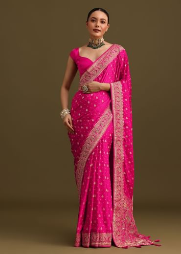 Rani Pink Zardosi Embroidered Saree With Unstitched Blouse
