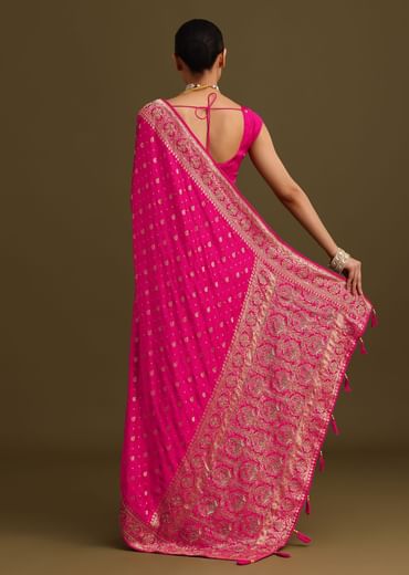 Rani Pink Zardosi Embroidered Saree With Unstitched Blouse