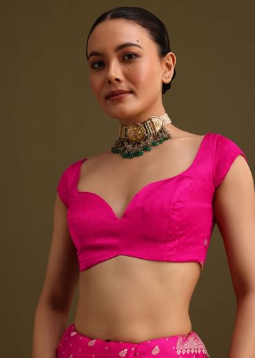 Rani Pink Zardosi Embroidered Saree With Unstitched Blouse