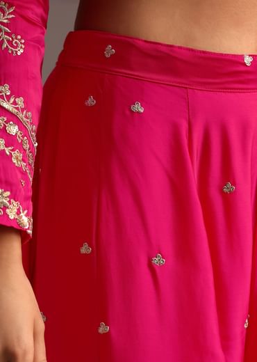 Pink Zari Work Palazzo Set With Organza Dupatta