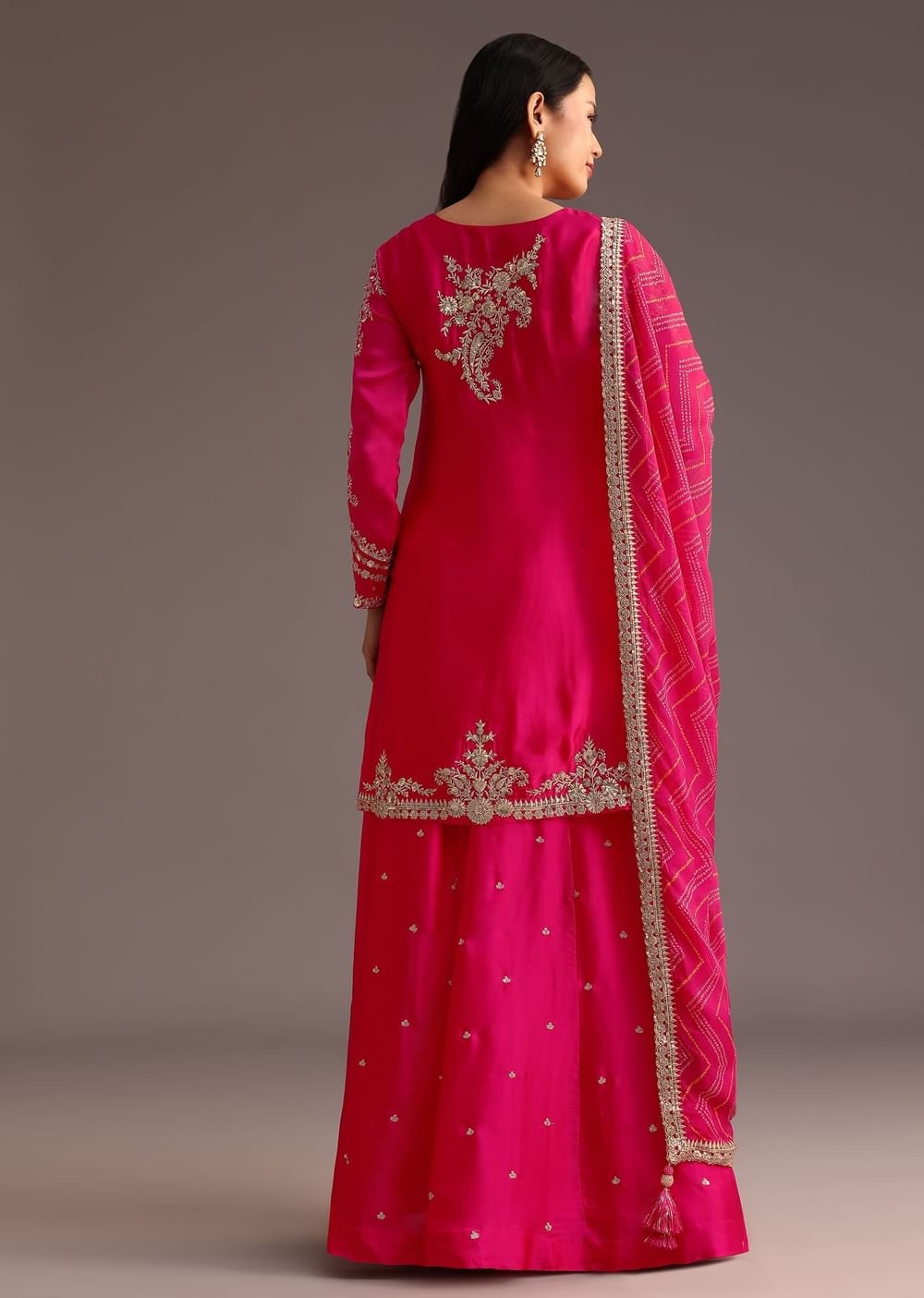 Pink Zari Work Palazzo Set With Organza Dupatta