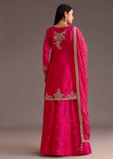 Pink Zari Work Palazzo Set With Organza Dupatta