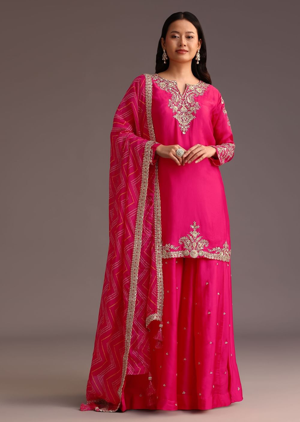 Pink Zari Work Palazzo Set With Organza Dupatta