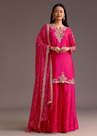 Pink Zari Work Palazzo Set With Organza Dupatta