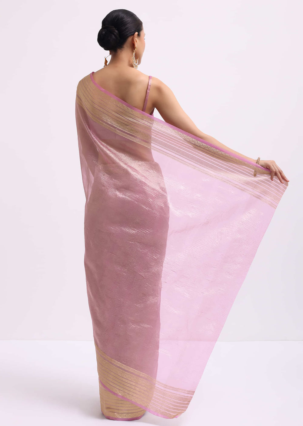 Pink Zari Woven Chanderi Saree With Unstitched Blouse