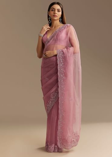 Pinkish Lavender Tissue Saree With Sequins Cutdana And Scallop Border