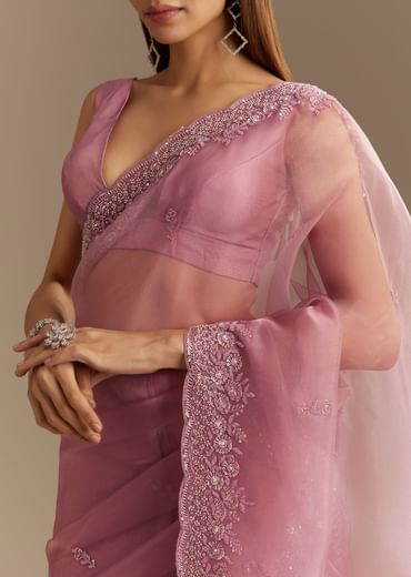 Pinkish Lavender Tissue Saree With Sequins Cutdana And Scallop Border