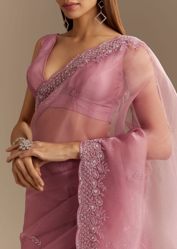 Pinkish Lavender Tissue Saree With Sequins Cutdana And Scallop Border