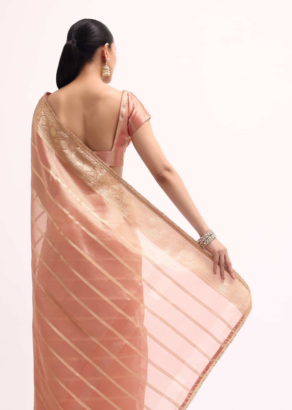 Pinkish Gold Zari Chanderi Silk Saree With Unstitched Border
