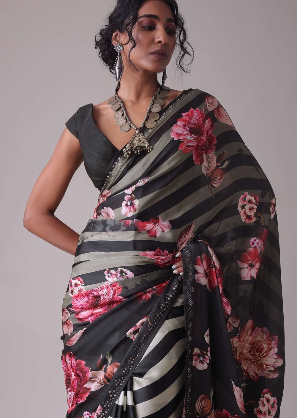 Pirate Black Floral Printed Saree With White Stripes In Satin