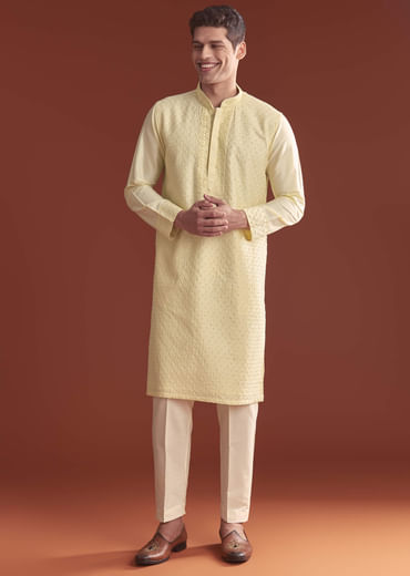 Pista Green Banarasi Silk Kurta Set For Men With Intricate Embroidery