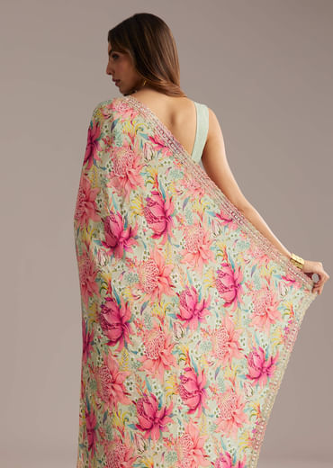 Pista Green Crepe Saree With Floral Print And Sequin Work