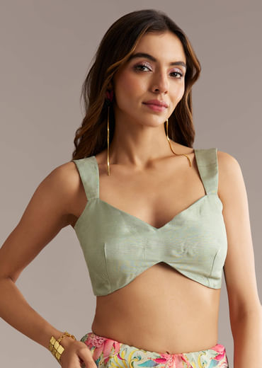 Pista Green Crepe Saree With Floral Print And Sequin Work