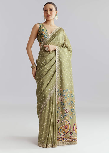 Pista Green Muslin Embroidered Saree With Heavy Hand Embroidery