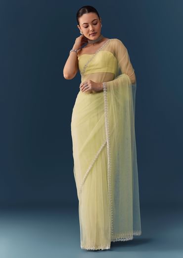 Pista Green Net Saree with Blouse Fabric