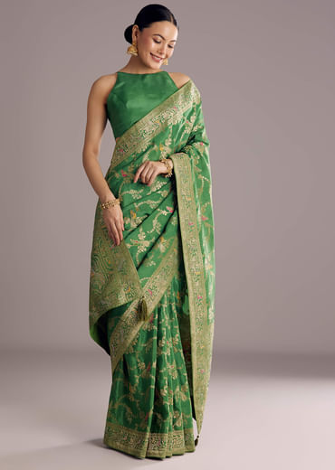 Pista Green Saree With Zari Jaal Weave And Stone Embellishments