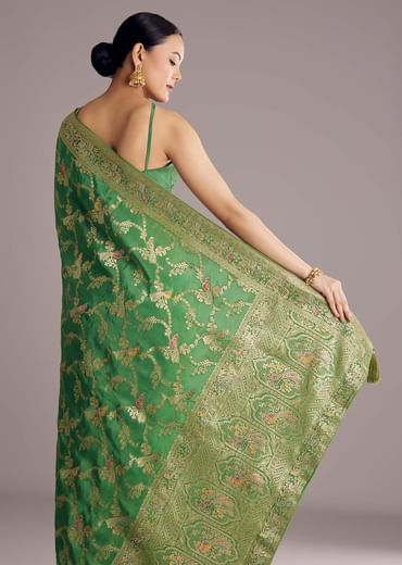 Pista Green Saree With Zari Jaal Weave And Stone Embellishments