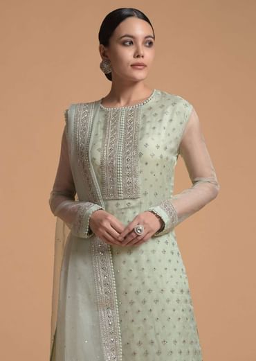 Pista Green Straight Cut Suit With Sequins Buttis All Over And Cord Embroidery On The Placket And Border