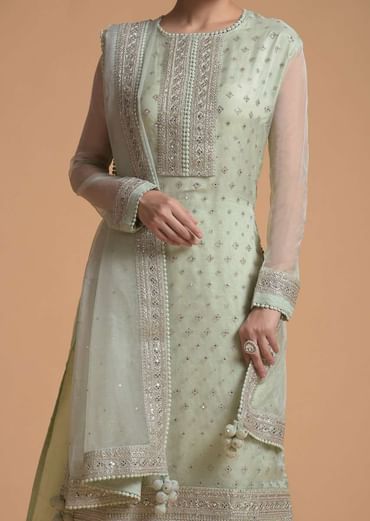 Pista Green Straight Cut Suit With Sequins Buttis All Over And Cord Embroidery On The Placket And Border