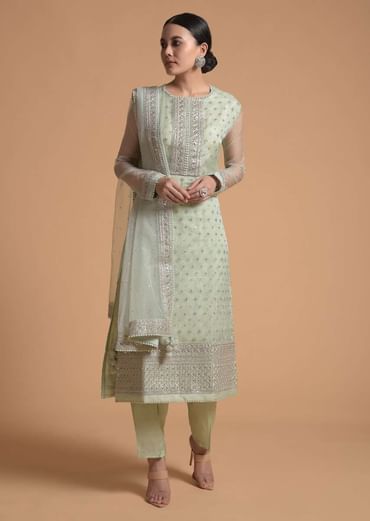 Pista Green Straight Cut Suit With Sequins Buttis All Over And Cord Embroidery On The Placket And Border