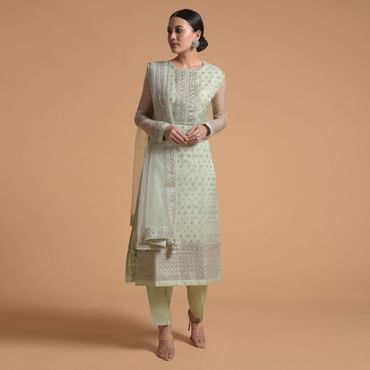 Pista Green Straight Cut Suit With Sequins Buttis All Over And Cord Embroidery On The Placket And Border