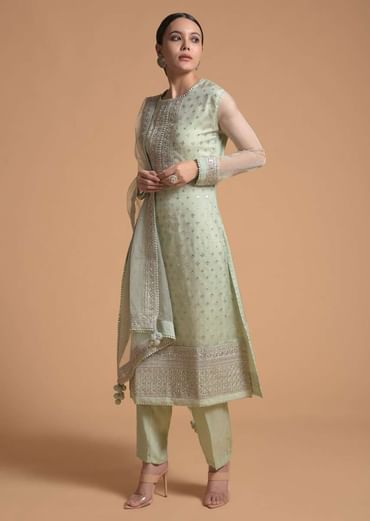 Pista Green Straight Cut Suit With Sequins Buttis All Over And Cord Embroidery On The Placket And Border