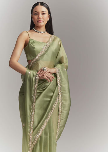 Pista Green Tissue Embroidered Saree With Heavy Hand Embroidery