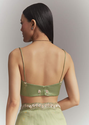 Pista Green Tissue Embroidered Saree With Heavy Hand Embroidery