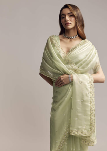 Pista Green Tissue Saree With Butti Work Embroidery