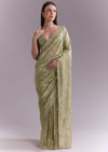 Pista Green Tissue Saree With Heavy Floral Embroidery
